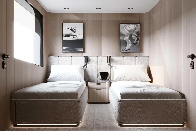 M/y Oxygen Yacht Photos Pics Luxurious twin bedroom on 2025 47m Expedition Yacht, featuring modern decor and elegant lighting.