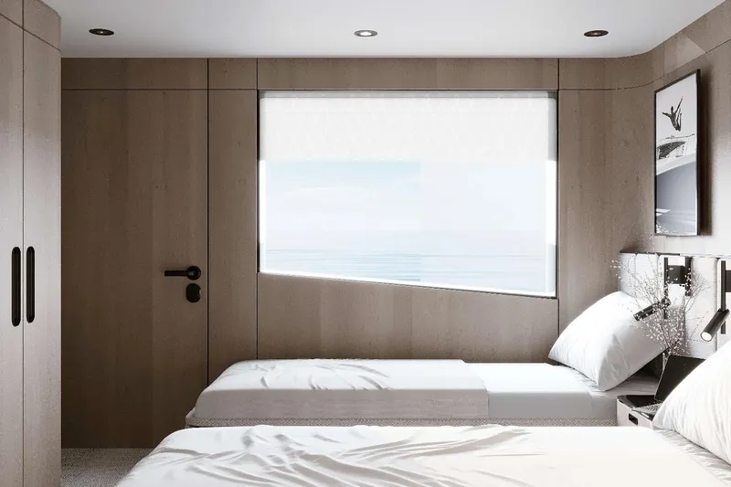 M/y Oxygen Yacht Photos Pics Modern yacht bedroom with twin beds, large window, and minimalist decor on 47m Expedition Yacht, 2025.