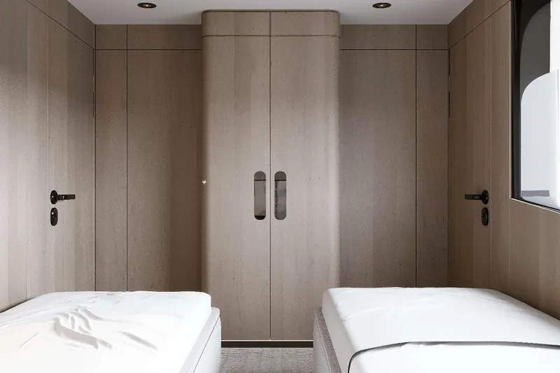 M/y Oxygen Yacht Photos Pics Luxurious twin cabin interior on 2025 47m Expedition Yacht, featuring sleek wood paneling.