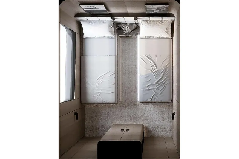 M/y Oxygen Yacht Photos Pics Luxurious twin cabin interior of 2025 47m Expedition Yacht, featuring modern design and elegant furnishings.