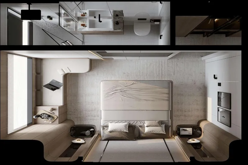 M/y Oxygen Yacht Photos Pics Luxurious 47m Expedition Yacht 2025 interior with modern bedroom and bathroom design.