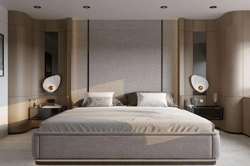 M/y Oxygen Yacht Photos Pics Luxurious bedroom interior on 2025 47m Expedition Yacht, featuring modern design and elegant decor.