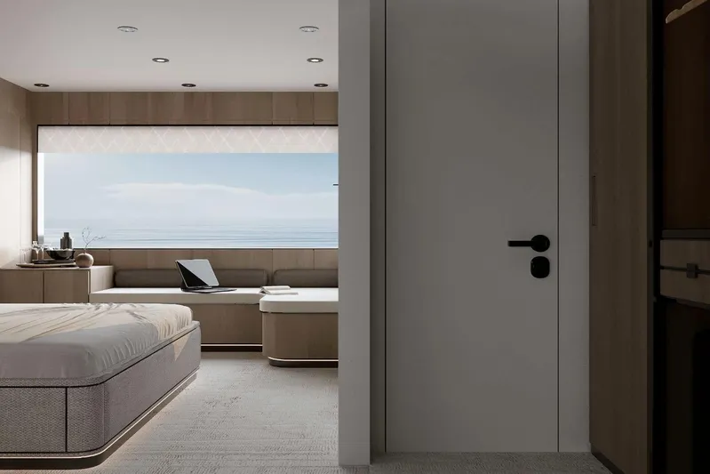 M/y Oxygen Yacht Photos Pics Luxurious interior of 2025 47m Expedition Yacht with ocean view and modern furnishings.