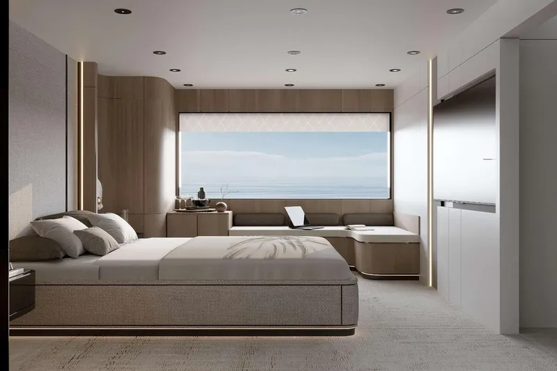 M/y Oxygen Yacht Photos Pics Luxurious 2025 47m Expedition Yacht bedroom with ocean view, modern design, and elegant furnishings.