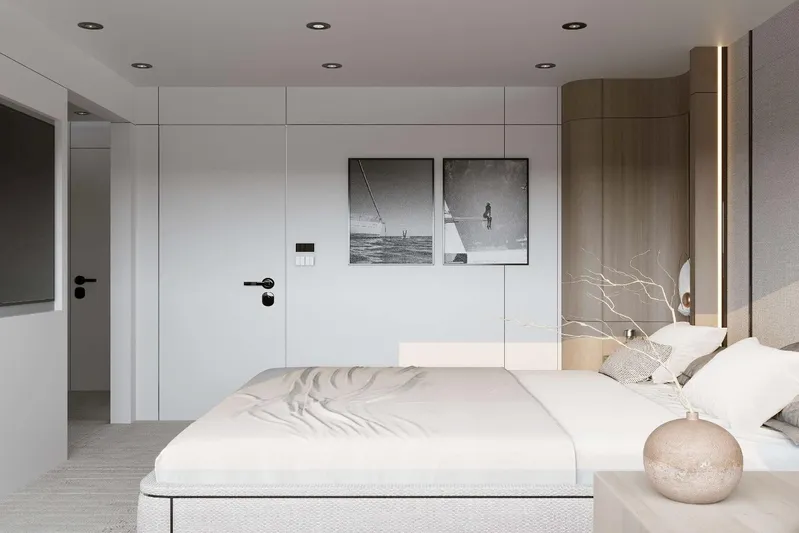 M/y Oxygen Yacht Photos Pics Luxurious bedroom interior on 2025 47m Expedition Yacht, featuring modern decor and elegant furnishings.