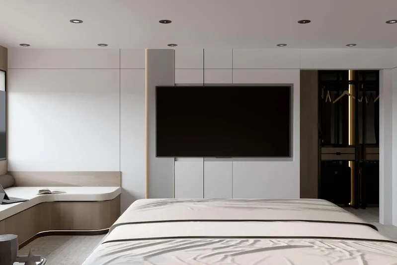 M/y Oxygen Yacht Photos Pics Luxurious 2025 47m Expedition Yacht bedroom with modern design and large TV.