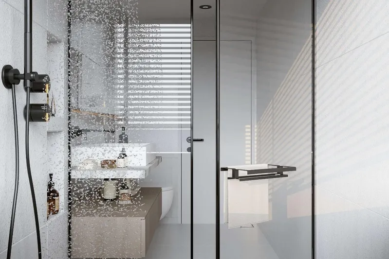 M/y Oxygen Yacht Photos Pics Modern bathroom on 2025 47m Expedition Yacht with sleek glass shower and minimalist design.