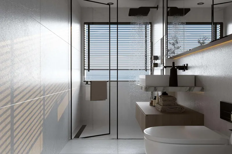 M/y Oxygen Yacht Photos Pics Luxurious 2025 yacht bathroom with modern fixtures, glass shower, and sleek design.