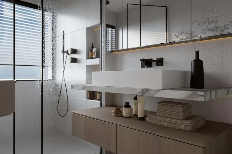 M/y Oxygen Yacht Photos Pics Luxurious bathroom on 2025 47m Expedition Yacht with modern fixtures and elegant design.