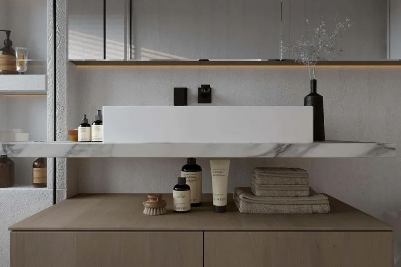 M/y Oxygen Yacht Photos Pics Modern yacht bathroom with marble sink, luxury toiletries, and elegant decor, 47m Expedition Yacht 2025.