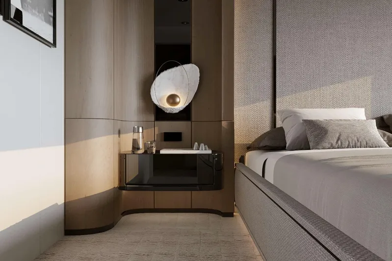 M/y Oxygen Yacht Photos Pics Luxurious 2025 47m Expedition Yacht bedroom with modern decor and elegant lighting.