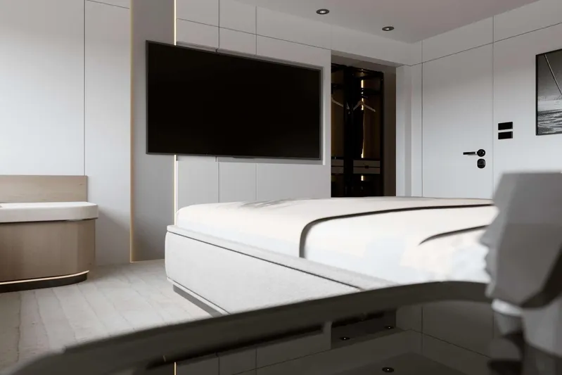 M/y Oxygen Yacht Photos Pics Luxurious bedroom interior on 2025 47m Expedition Yacht, featuring modern design and sleek furnishings.