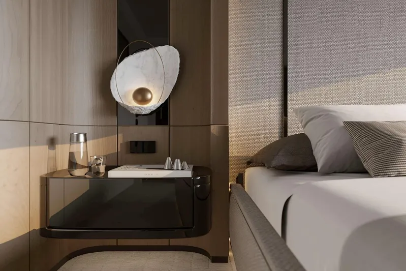 M/y Oxygen Yacht Photos Pics Luxurious 2025 47m Expedition Yacht bedroom with modern decor and elegant lighting.