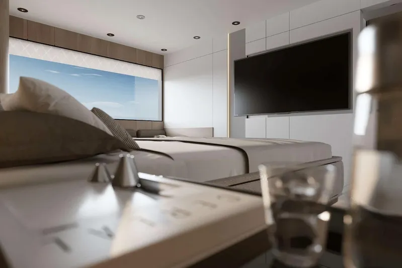 M/y Oxygen Yacht Photos Pics Luxurious bedroom interior on 2025 47m Expedition Yacht with ocean view and modern amenities.