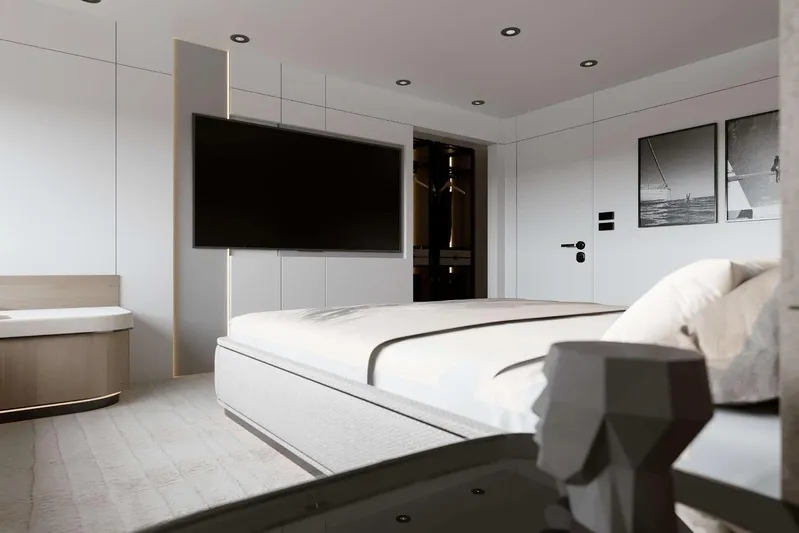 M/y Oxygen Yacht Photos Pics Luxurious bedroom interior on 2025 47m Expedition Yacht, featuring modern design and elegant decor.