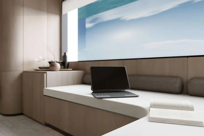 M/y Oxygen Yacht Photos Pics Luxurious interior of 2025 47m Expedition Yacht with modern decor and large window view.