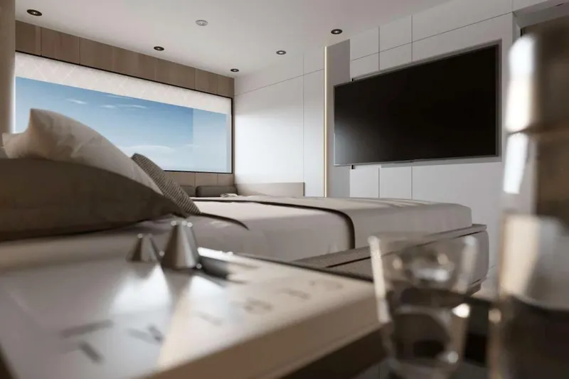 M/y Oxygen Yacht Photos Pics Luxurious bedroom interior on 2025 47m Expedition Yacht with ocean view and modern amenities.