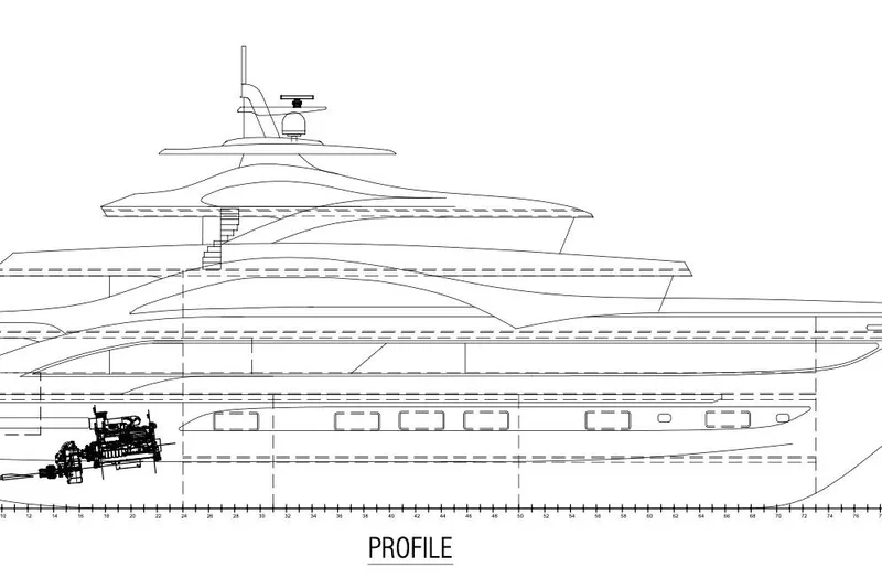 M/y Oxygen Yacht Photos Pics Profile blueprint of 2025 47m Expedition Yacht, showcasing sleek design and structure.