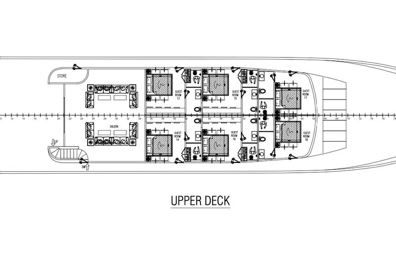 M/y Oxygen Yacht Photos Pics Upper deck layout of 47m Expedition Yacht, featuring guest rooms and saloon, 2025 model.