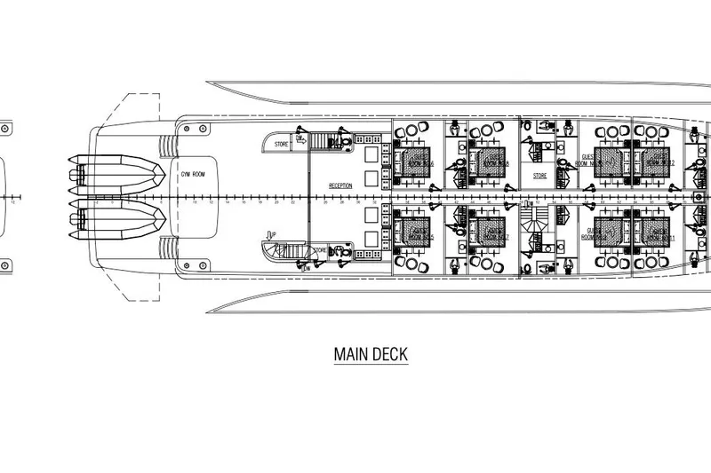 M/y Oxygen Yacht Photos Pics Main deck layout of 2025 47m Expedition Yacht, featuring guest rooms and gym.