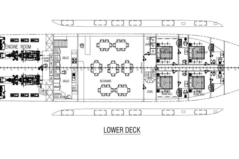 M/y Oxygen Yacht Photos Pics Lower deck layout of 2025 47m Expedition Yacht, featuring engine room, galley, and guest rooms.