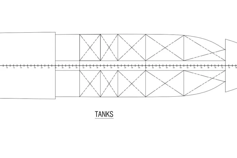 M/y Oxygen Yacht Photos Pics Blueprint of 2025 47m Expedition Yacht tank layout, featuring geometric design elements.
