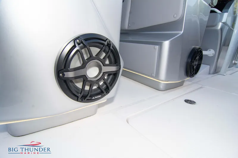  Yacht Photos Pics Close-up of 2023 Fountain 38 SC boat speakers and interior details.
