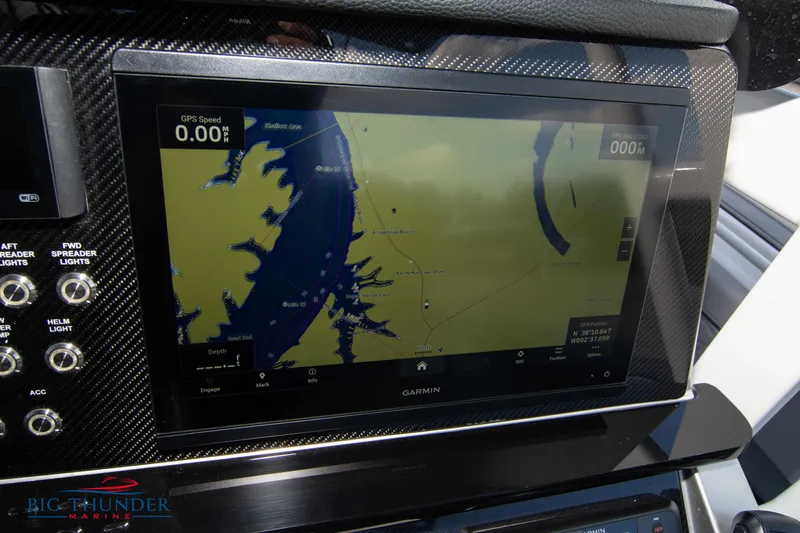  Yacht Photos Pics Garmin navigation display on 2023 Fountain 38 SC boat dashboard.