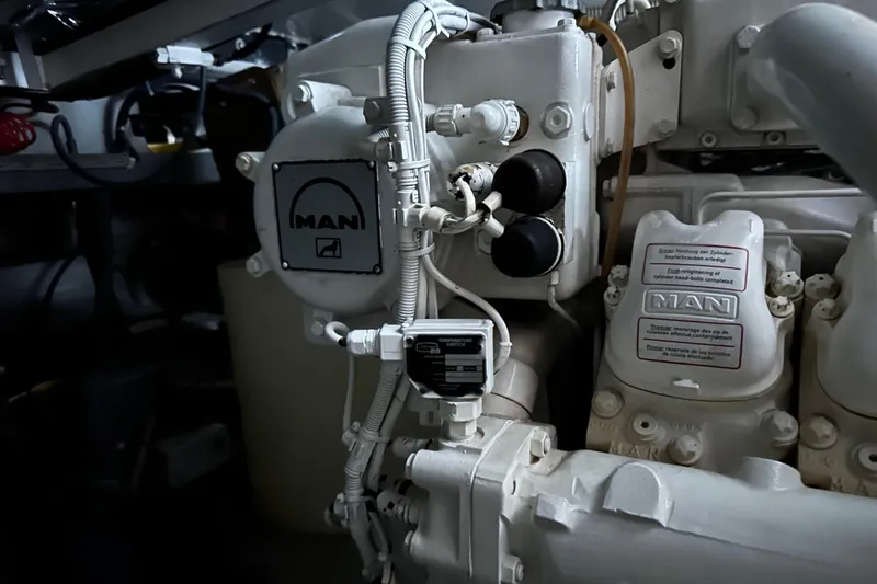 D Yacht Photos Pics Engine compartment of a 2000 Sunseeker Predator 60 yacht, featuring MAN components.