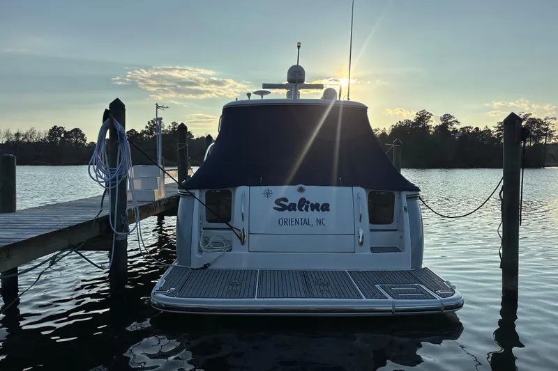 Salina Yacht Photos Pics 2004 Tiara Yachts 3600 Sovran docked at sunset, Oriental, NC.