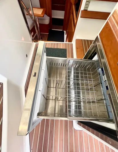 Risk & Reward Yacht Photos Pics Open stainless steel drawer in 2022 Back Cove 39O yacht interior.