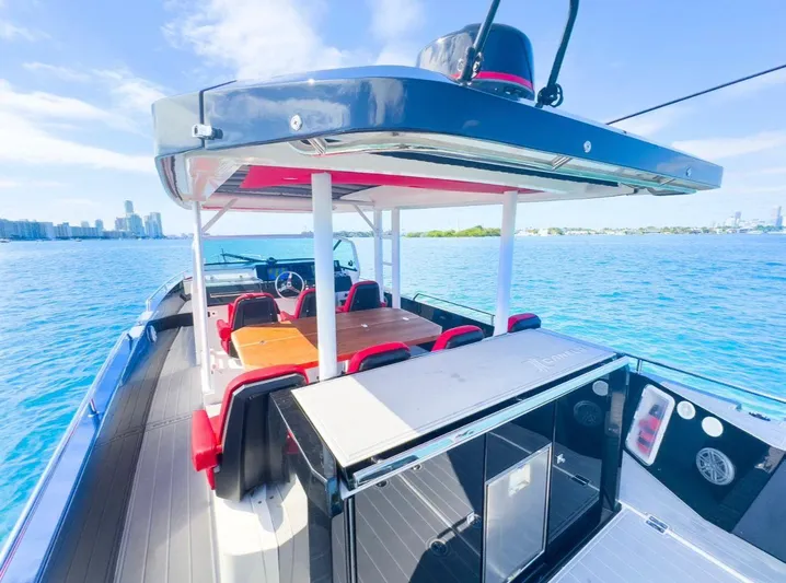  Yacht Photos Pics 2018 Axopar 37 Sun-Top boat on blue water, featuring sleek design and spacious seating.