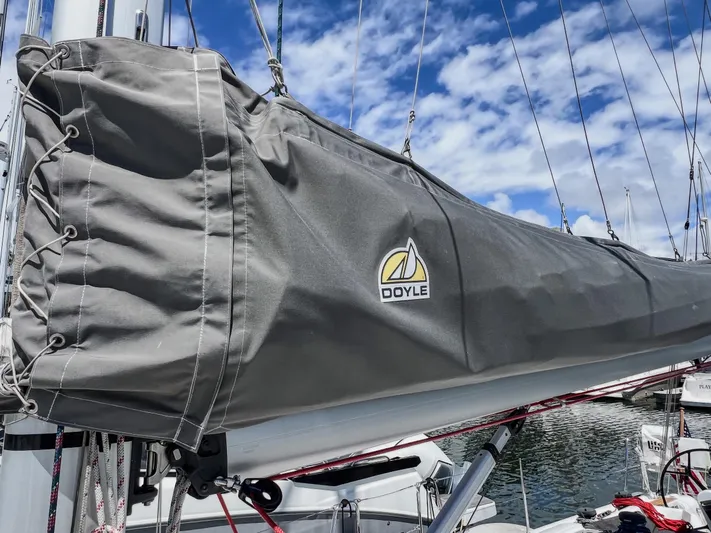 Anthem Yacht Photos Pics Sail cover on a 2022 Dehler 34 yacht with Doyle logo, docked at marina.