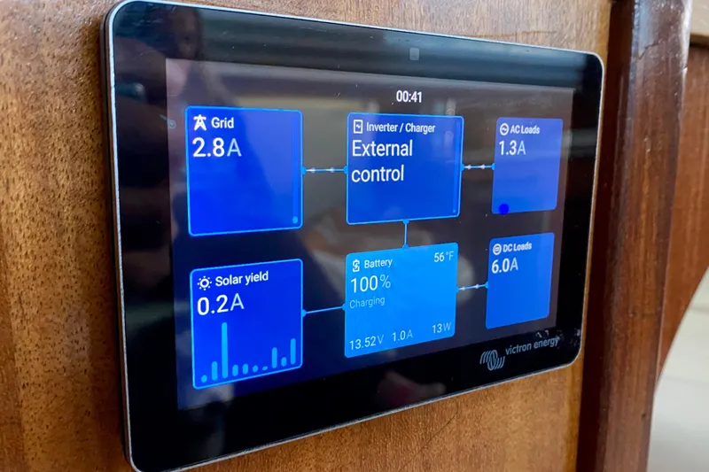 Lazy Livin' Yacht Photos Pics Digital control panel on 1971 Hatteras 43 Double Cabin, displaying energy metrics.