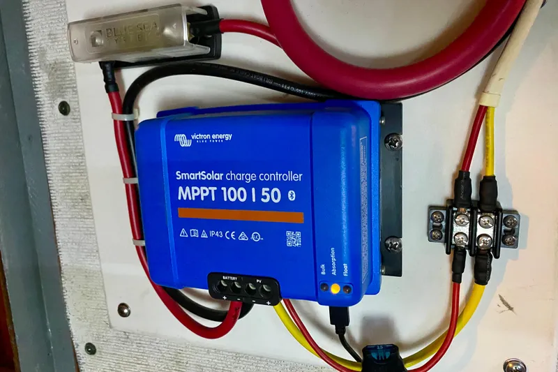 Lazy Livin' Yacht Photos Pics Victron Energy SmartSolar charge controller in 1971 Hatteras 43 Double Cabin boat.