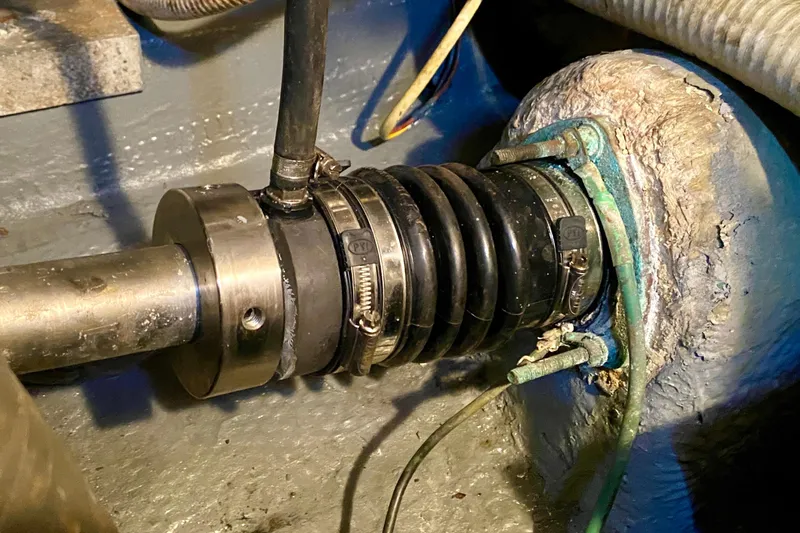 Lazy Livin' Yacht Photos Pics Close-up of a 1971 Hatteras 43 Double Cabin boat's shaft seal system.