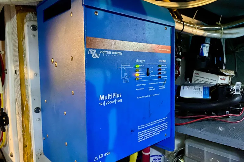 Lazy Livin' Yacht Photos Pics Blue Victron Energy MultiPlus inverter in a 1971 Hatteras 43 Double Cabin boat.