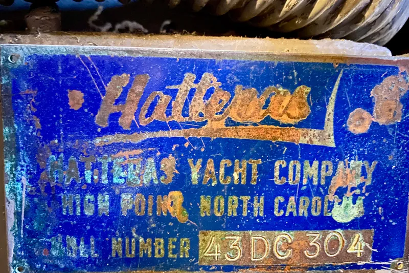 Lazy Livin' Yacht Photos Pics 1971 Hatteras 43 Double Cabin yacht identification plate, weathered and rusted.