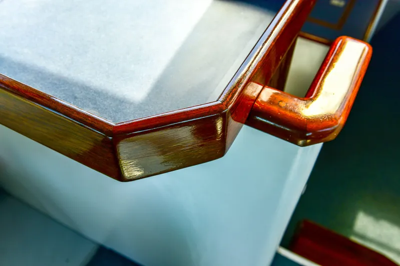 About Time Yacht Photos Pics Close-up of polished wood detail on 1998 Duffy 35 Downeast Cruiser.