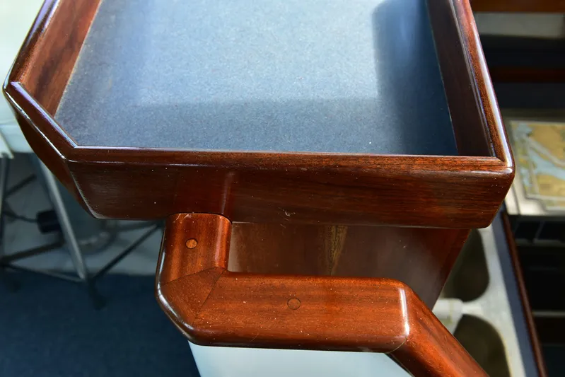 About Time Yacht Photos Pics Wooden helm detail on 1998 Duffy 35 Downeast Cruiser.