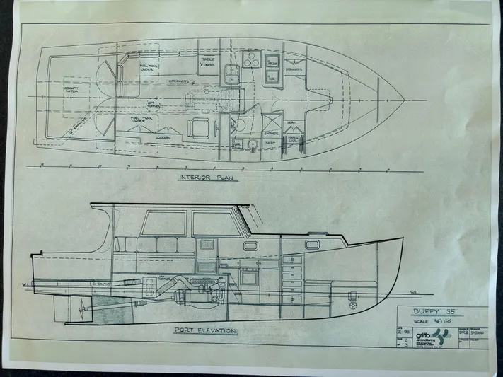 About Time Yacht Photos Pics Blueprint of 1998 Duffy 35 Downeast Cruiser, showing interior and port elevation plans.