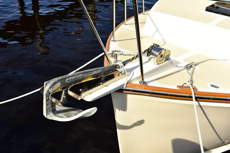 About Time Yacht Photos Pics 1998 Duffy 35 Downeast Cruiser bow with anchor and winch system.