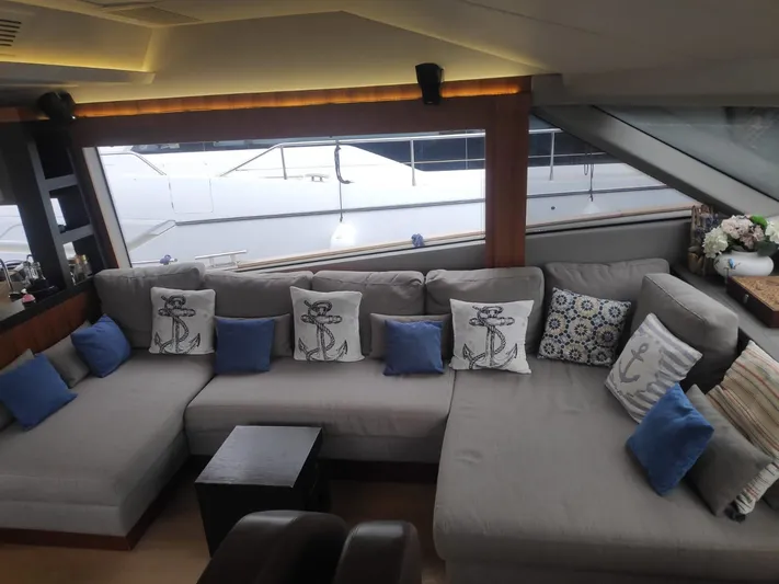  Yacht Photos Pics Luxurious Monte Carlo Yachts MCY 65 interior with elegant gray seating and nautical-themed cushions.