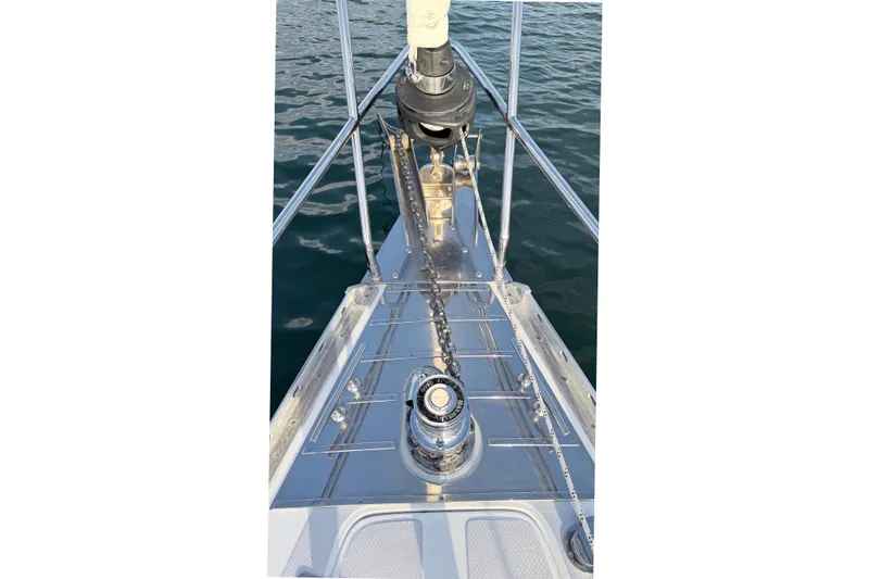 Sea Pearl Yacht Photos Pics Bow of 1998 Hylas 54' yacht with anchor chain and winch.