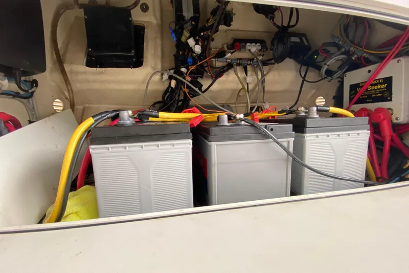 Pretty Fine Yacht Photos Pics Battery compartment of a 2015 Edgewater 320CC boat with wiring and connections.