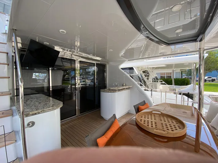 Clb72 Yacht Photos Pics 2023 CL Yachts CLB72 yacht deck with seating, table, and outdoor kitchen area.