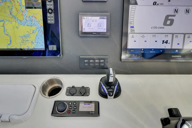 Our Trade Yacht Photos Pics Control panel of 2024 Custom Nerowalker with navigation screens and throttle lever.