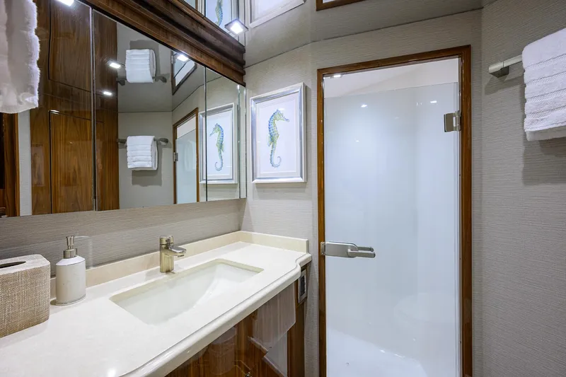 Sandbob II Yacht Photos Pics Luxurious bathroom in 2021 Viking 72 Convertible yacht with modern fixtures and seahorse artwork.