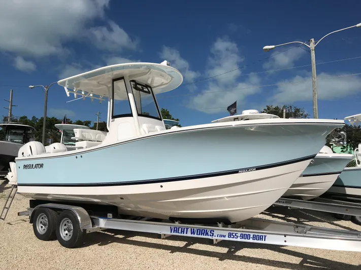 Regulator 23 Carolina Blue Yacht Photos Pics 2023 Regulator 23 boat on trailer under clear blue sky.