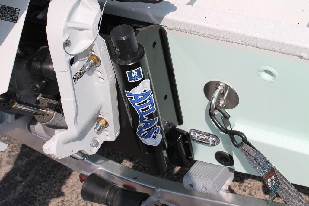 Rear view of 2026 Excel Bay Pro Elite 203 boat with Atlas hydraulic jack plate.
